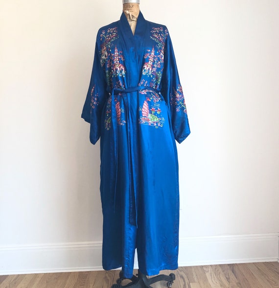 1960s Chinese Blue Rayon Silk Embroidered Robe L - image 2