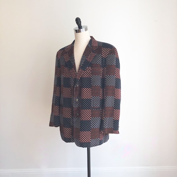 1970s Patchwork Print Velvet Dinner Jacket L