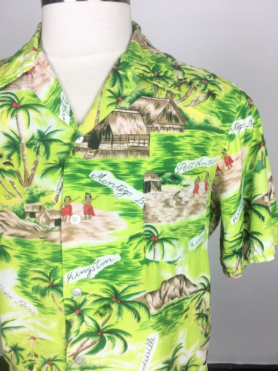 1960s Green Rayon Jamaican Souvenir Hawaiian Shir… - image 3