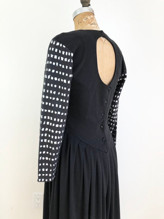 1980s Printed Black Cotton Knit Keyhole Dress S - image 7