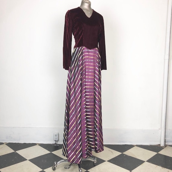1940s Velvet and Rainbow Striped Taffeta Gown S