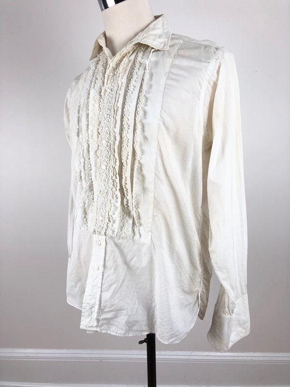 1950s Crocheted White Lace Tuxedo Shirt M - image 3