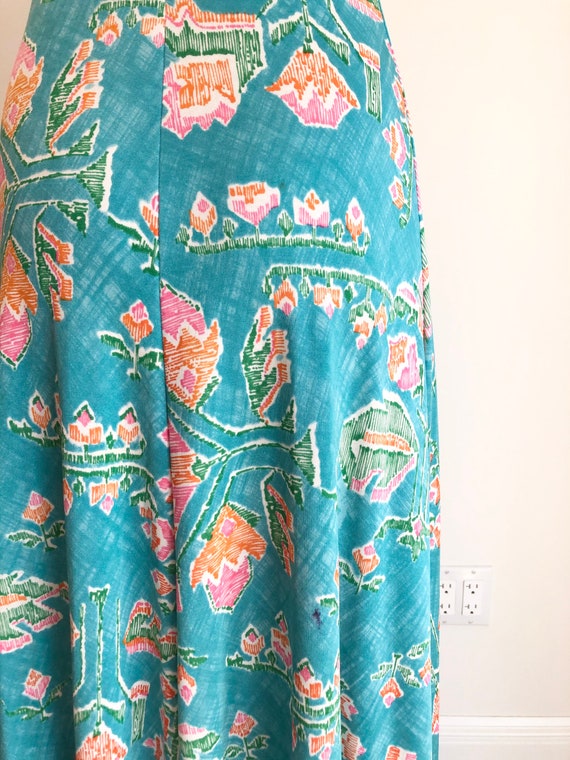 1970s Turquoise Floral Jersey Maxi Dress S - image 6