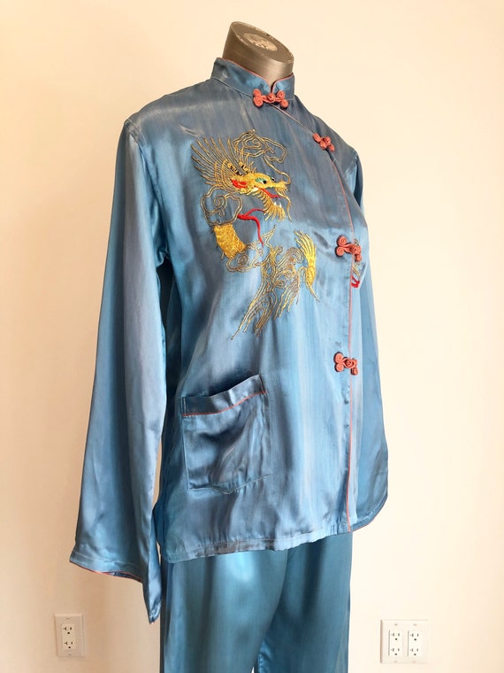 1940s Blue Satin Embroidered Dragon Pajama Set M - image 3