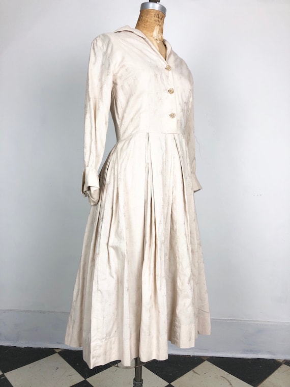 CUTE 1950’s Ivory Cotton Jacquard Shirt Dress S