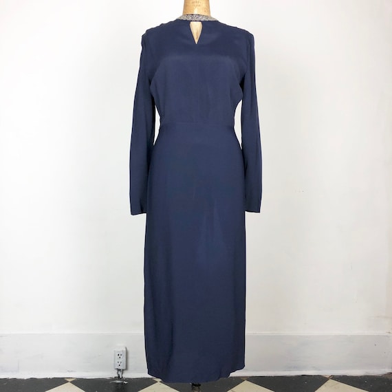 Gorgeous 1940's Navy Rayon Crepe Dress W/ Beaded … - image 2