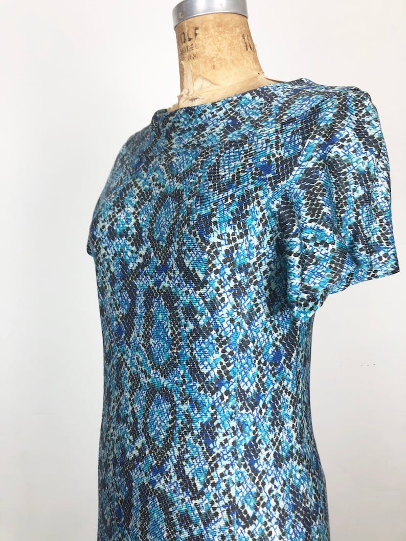 KILLER 1960s Blue Snakeskin Print Nylon Jersey Dress M