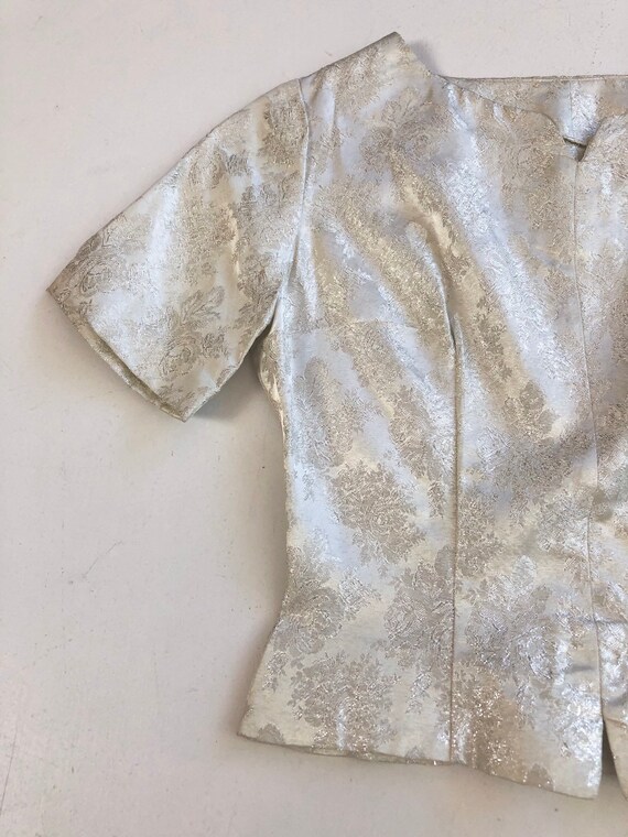 KILLER 1950’s Silver Lame Brocade Blouse S - image 4