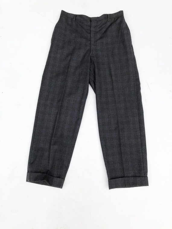 1960s Charcoal Plaid Wool Trousers 30” - image 1