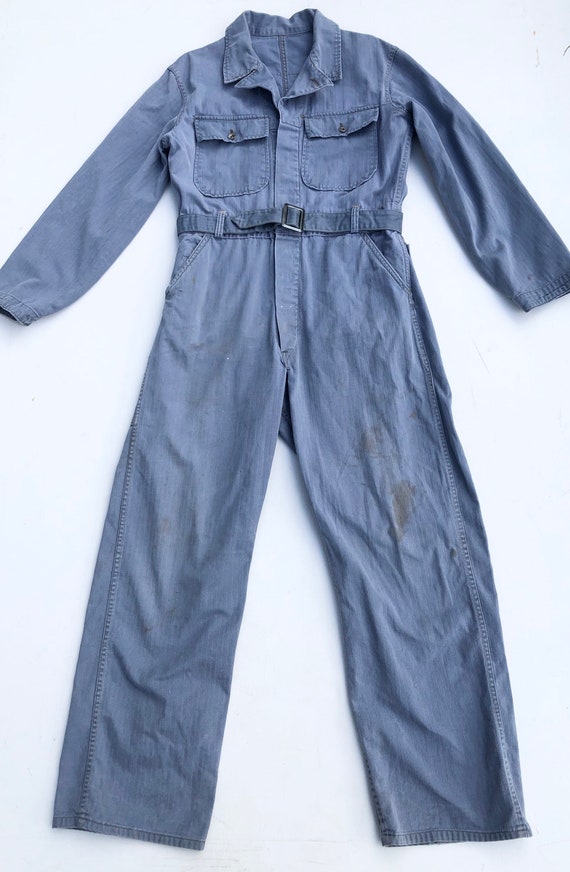 1940s Blue Grey Herringbone Twill Belted Coveralls