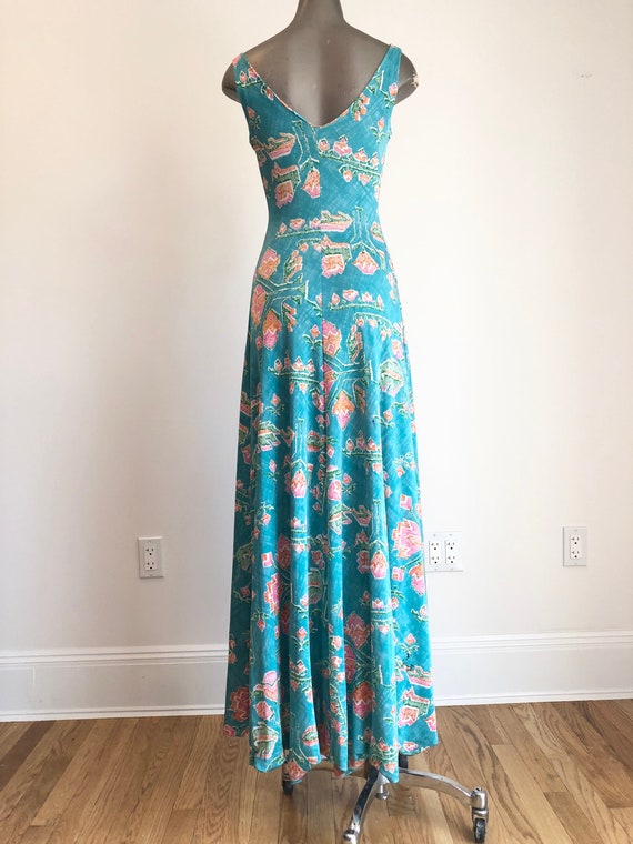 1970s Turquoise Floral Jersey Maxi Dress S - image 4