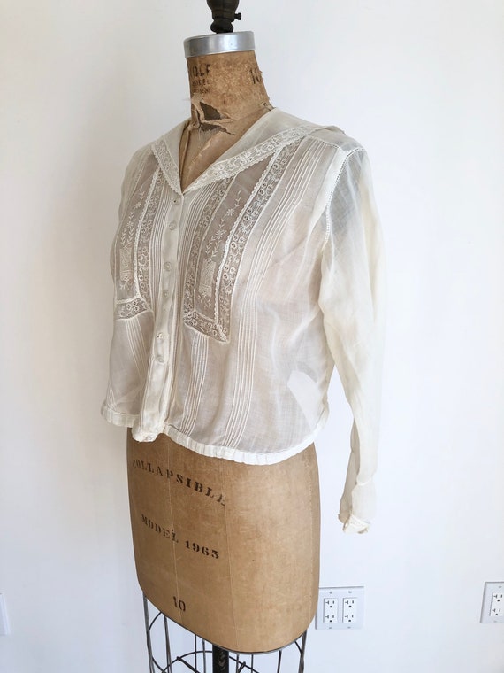 Antique Victorian Embroidered Lace White Cotton Bl