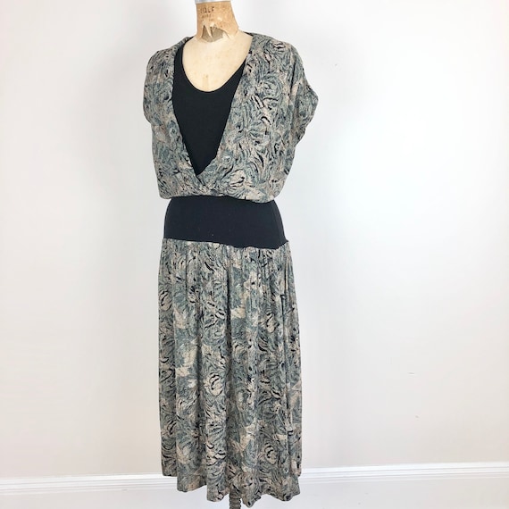1980s Printed Rayon Knit Rib Combo Dress S - image 1