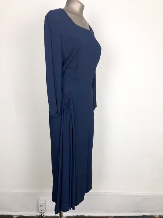 Navy 1940s Rayon Crepe Pleated Hip Detail Dress S