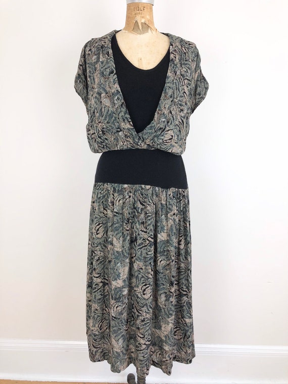 1980s Printed Rayon Knit Rib Combo Dress S - image 2