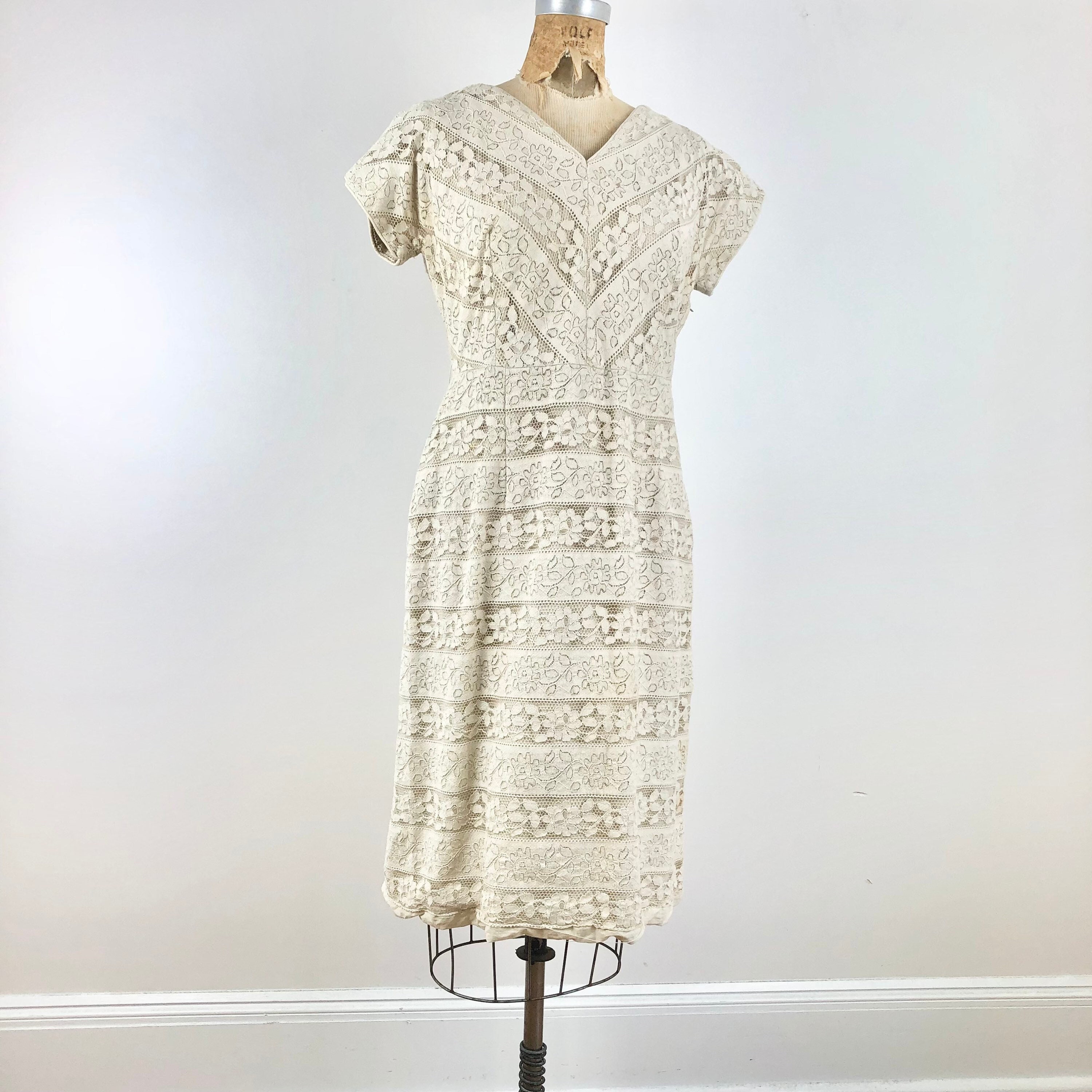 50s White Cotton Crocheted Lace Dress