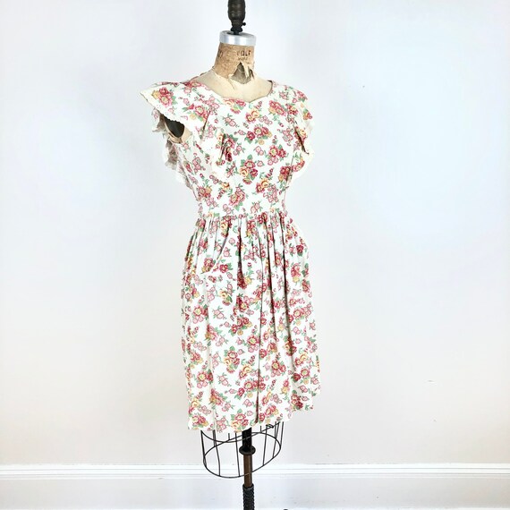 1930s Floral Cotton Pinafore Style Dress S - image 2