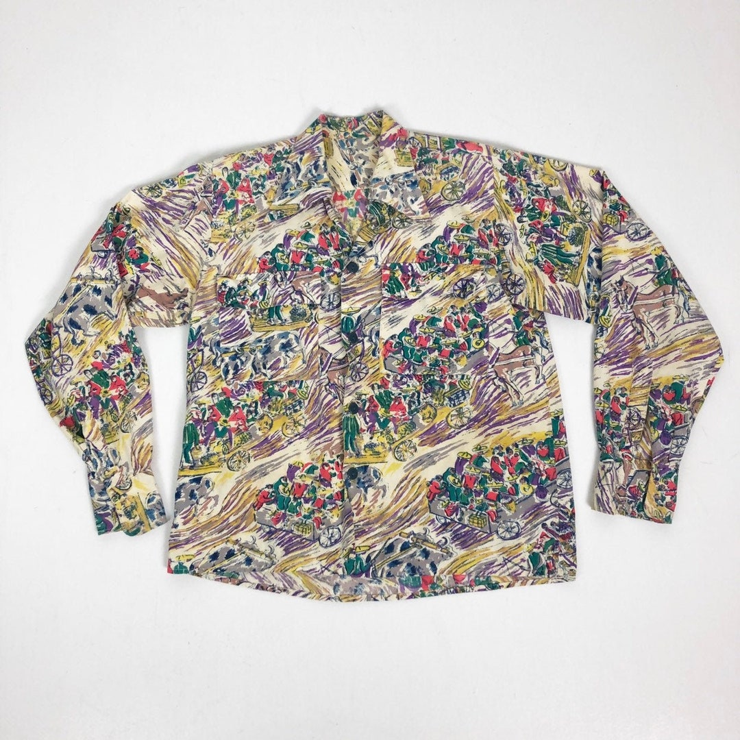 INCREDIBLE 1940'S Mexican Print Cotton Shirt M - Etsy