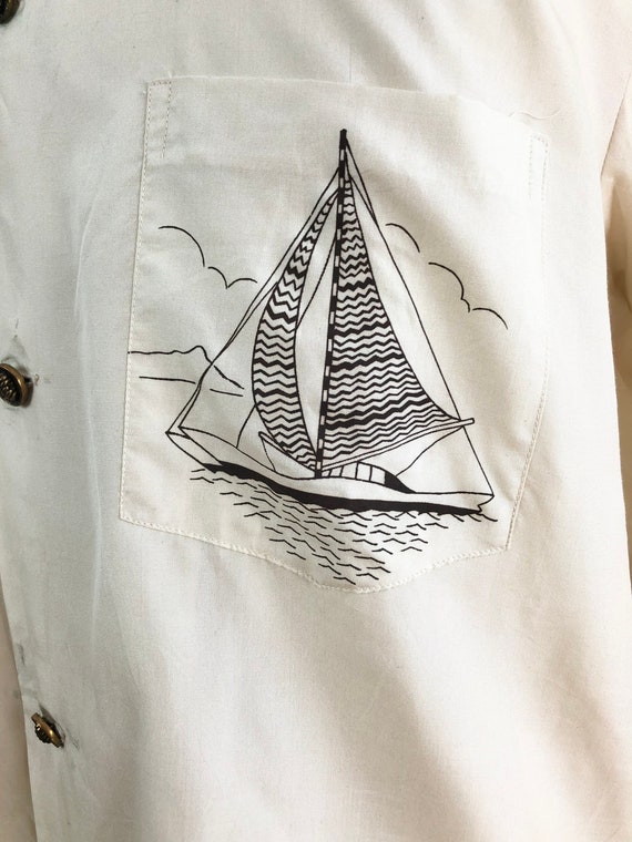 1950s Ivory Silk Sailboat Print Long Sleeve Shirt… - image 3