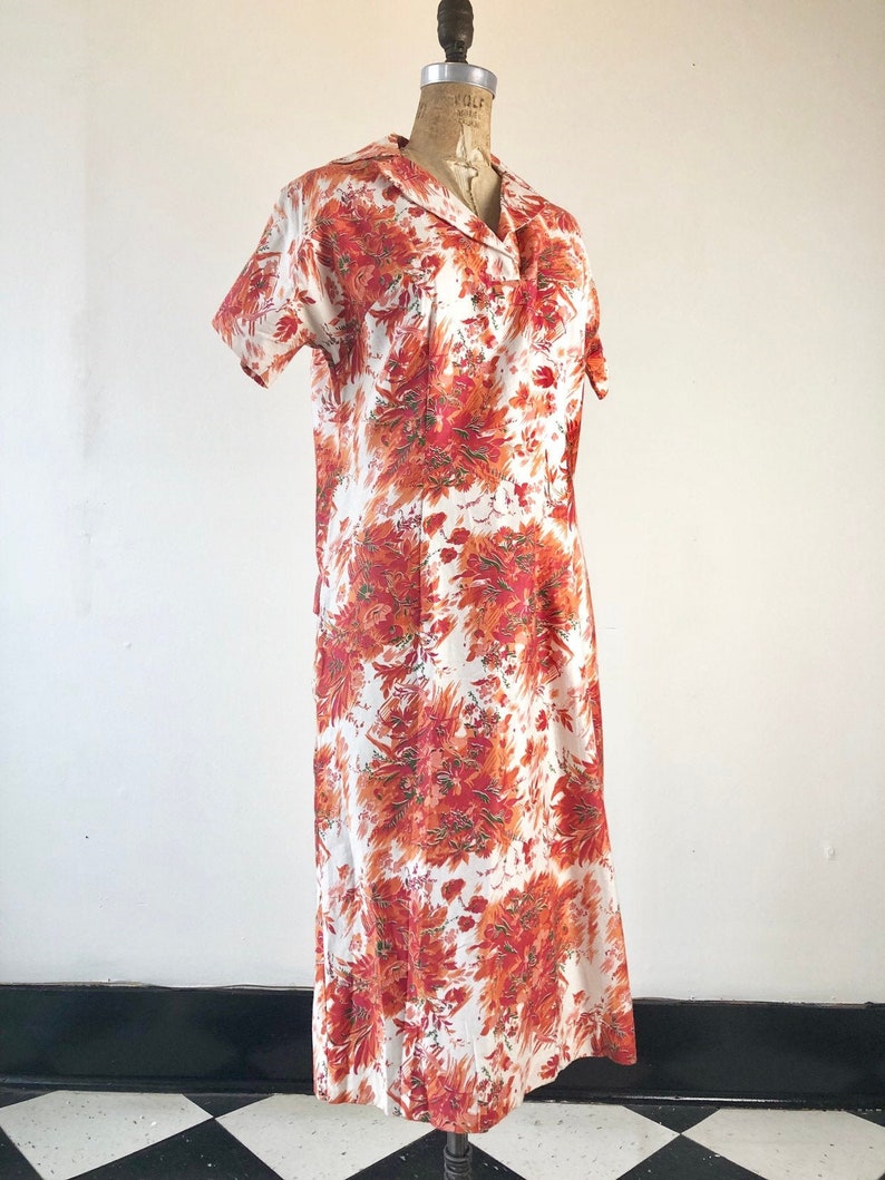 CUTE 1950s Hawaiian Print Cotton Dress M image 1