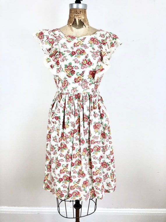 1930s Floral Cotton Pinafore Style Dress S - image 4