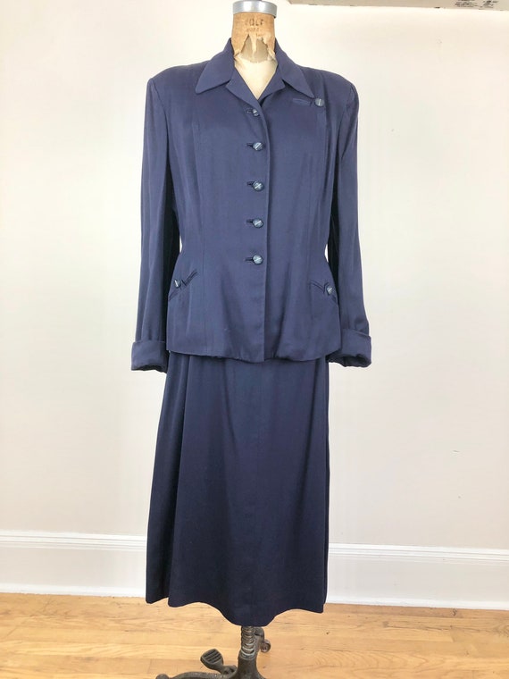 1940s Navy Blue Rayon Gabardine Skirt Suit Set M - image 4