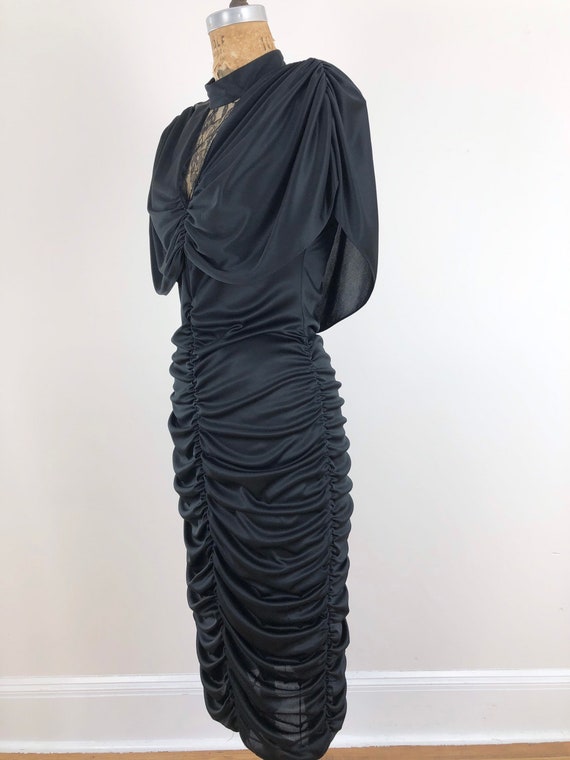 HOT! 1970s Black Ruched Body Con Lace Dress S - image 5