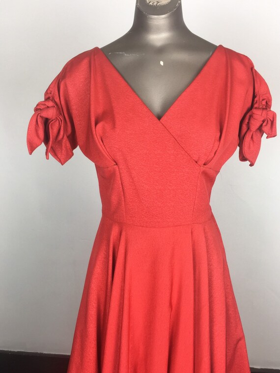 CHERRY 1950s Red Taffeta Bow Sleeve Party Dress S - image 4