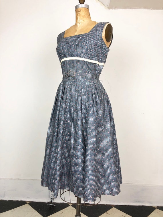 ADORABLE 1950s Blue Printed Cotton Sun Dress S