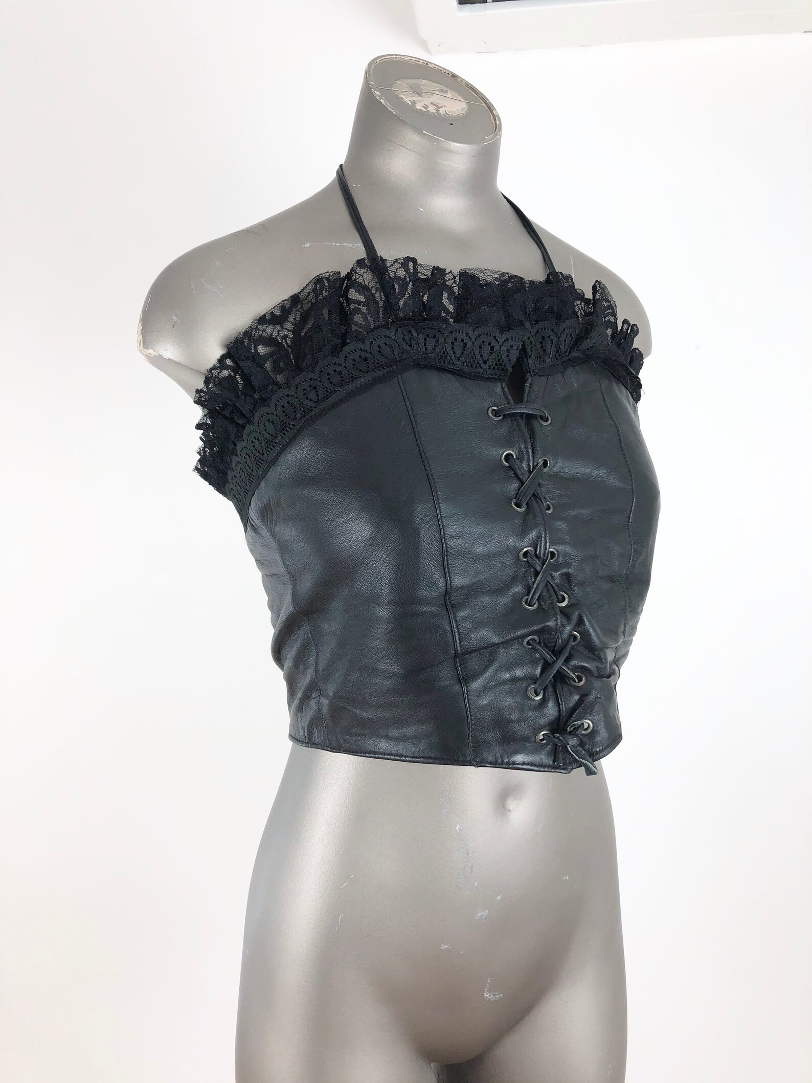 1980s Black Leather Lace Up Bustier Halter Top S Etsy