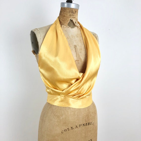 HOT! 1970s Yellow Rayon Satin Wrap Halter Top S