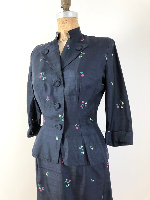 1940s Roseweb Navy Floral Silk 2 Piece Skirt Set S