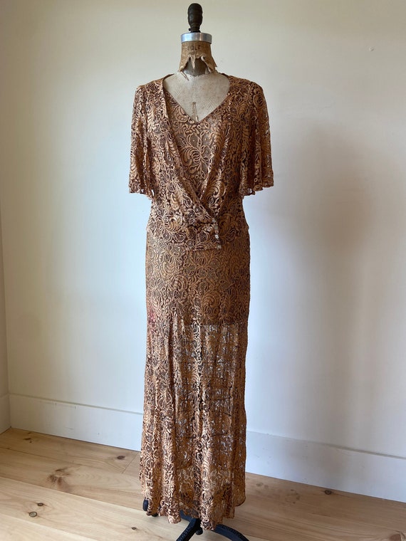 Amazing 1930s Copper Lace Maxi Dress with Jacket M - image 1