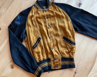 1940s Gold and Black Satin Baseball Jacket S