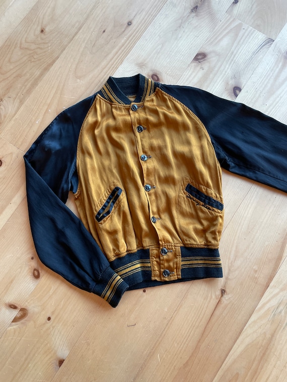 1940s Gold and Black Satin Baseball Jacket S - image 1