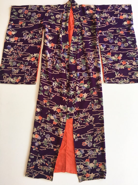 1940s Purple Floral Silk Kimono S