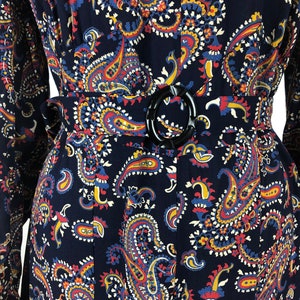 1930s Navy Blue Paisley Cotton Belted Dress M image 3