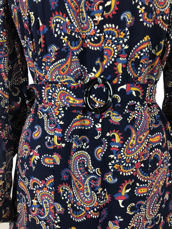 1930s Navy Blue Paisley Cotton Belted Dress M - image 3