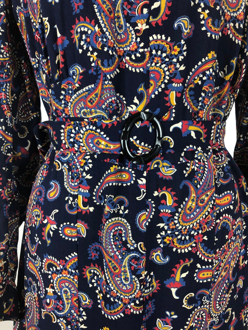 1930s Navy Blue Paisley Cotton Belted Dress M image 3