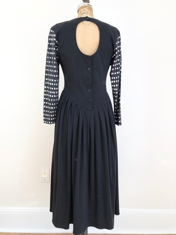 1980s Printed Black Cotton Knit Keyhole Dress S - image 5