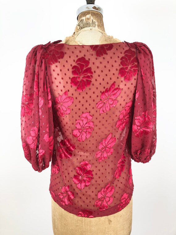 1970s Burnout Metallic Red Velvet Sheer Blouse S - image 5