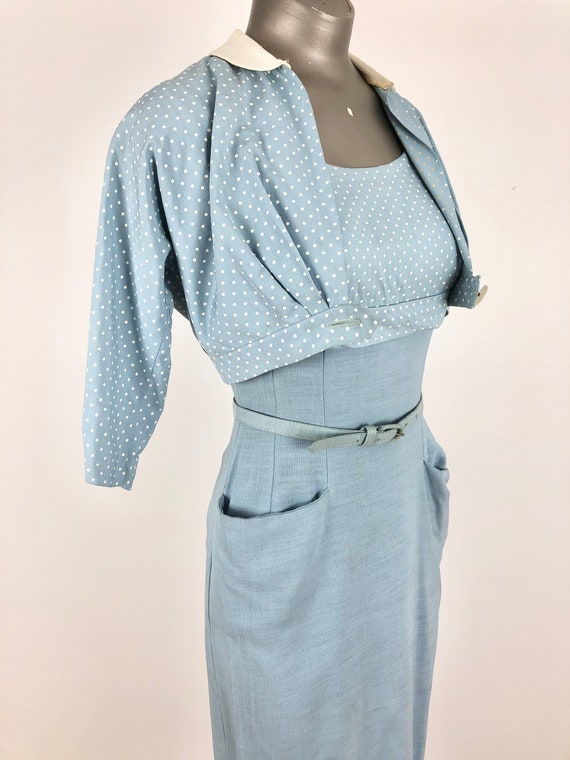 1950s Blue Linen Polka Dot Cotton Wiggle Dress Se… - image 3