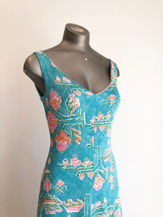 1970s Turquoise Floral Jersey Maxi Dress S - image 3