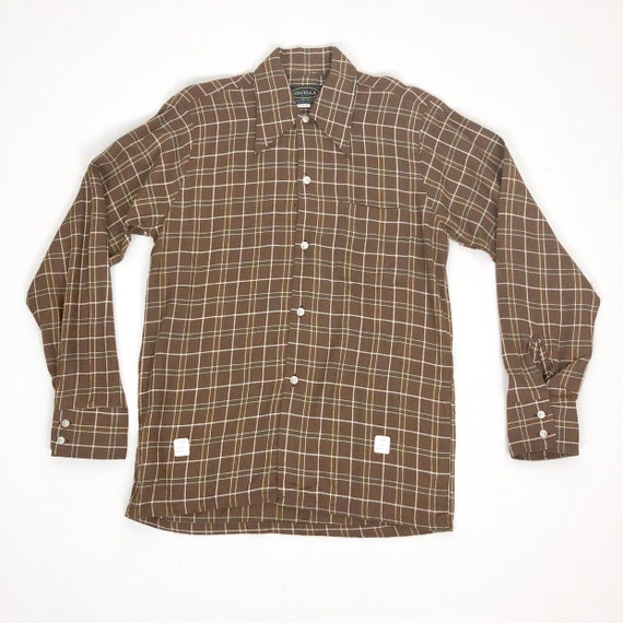 50s Deadstock Brown Rayon Plaid Shirt M