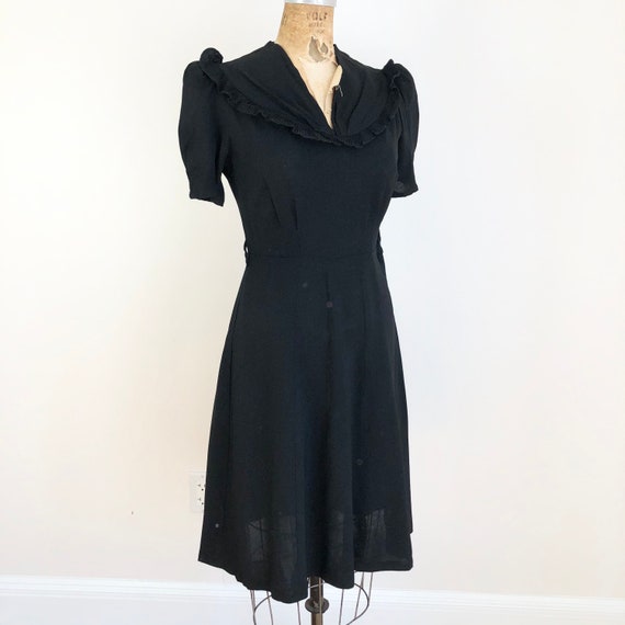 1940’s Black Rayon Crepe Ruffle Yoke Dress S - image 1