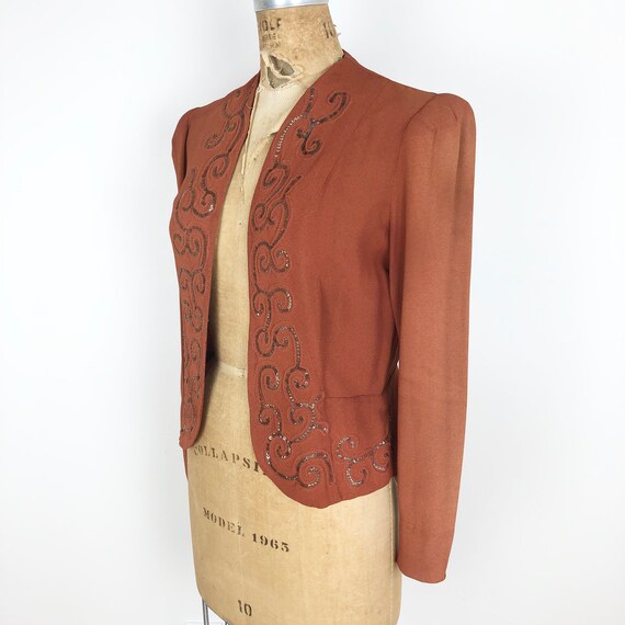 1940s Terra Cotta Rayon Crepe Sequin Jacket S