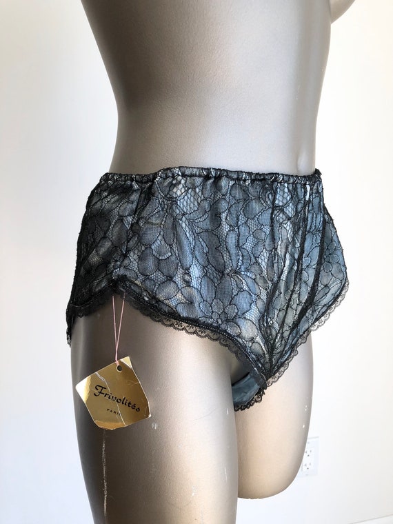 1960s Black Lace Blue Satin Peignoir Panty Set S M - image 4