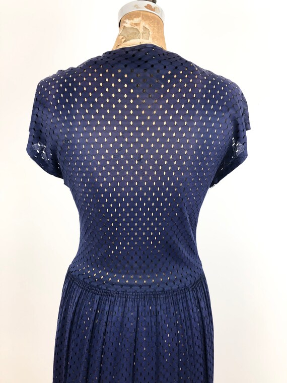 1940s Navy Blue Mesh Cap Sleeve Dress M - image 7