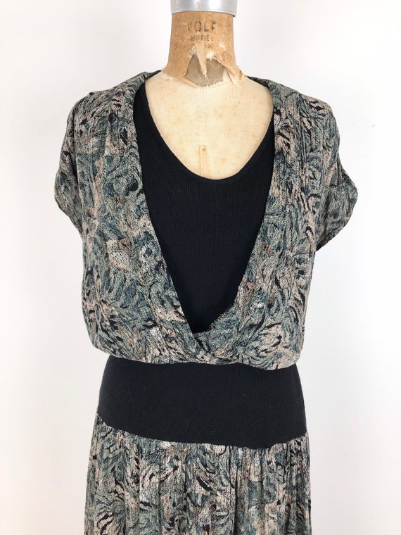 1980s Printed Rayon Knit Rib Combo Dress S - image 5