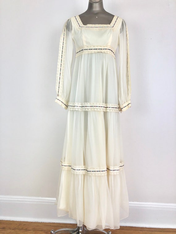 Amazing 1970s White Chiffon Lace Tiered Maxi Dres… - image 2